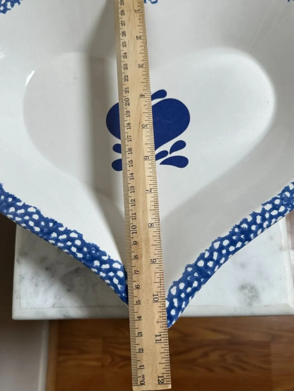 Large Vintage Heart Shaped Ceramic Serving Bowl | Blue & White Folk Art Dish